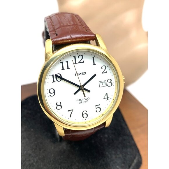 Timex Men's Watch T2H301 Quartz Indiglo White Dial Date Gold Brown Leather 35mm - Picture 13 of 14